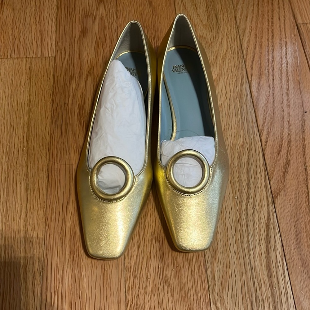 NWT 6.5 Frances Valentine Regan Square-Toe Flats in Metallic Gold